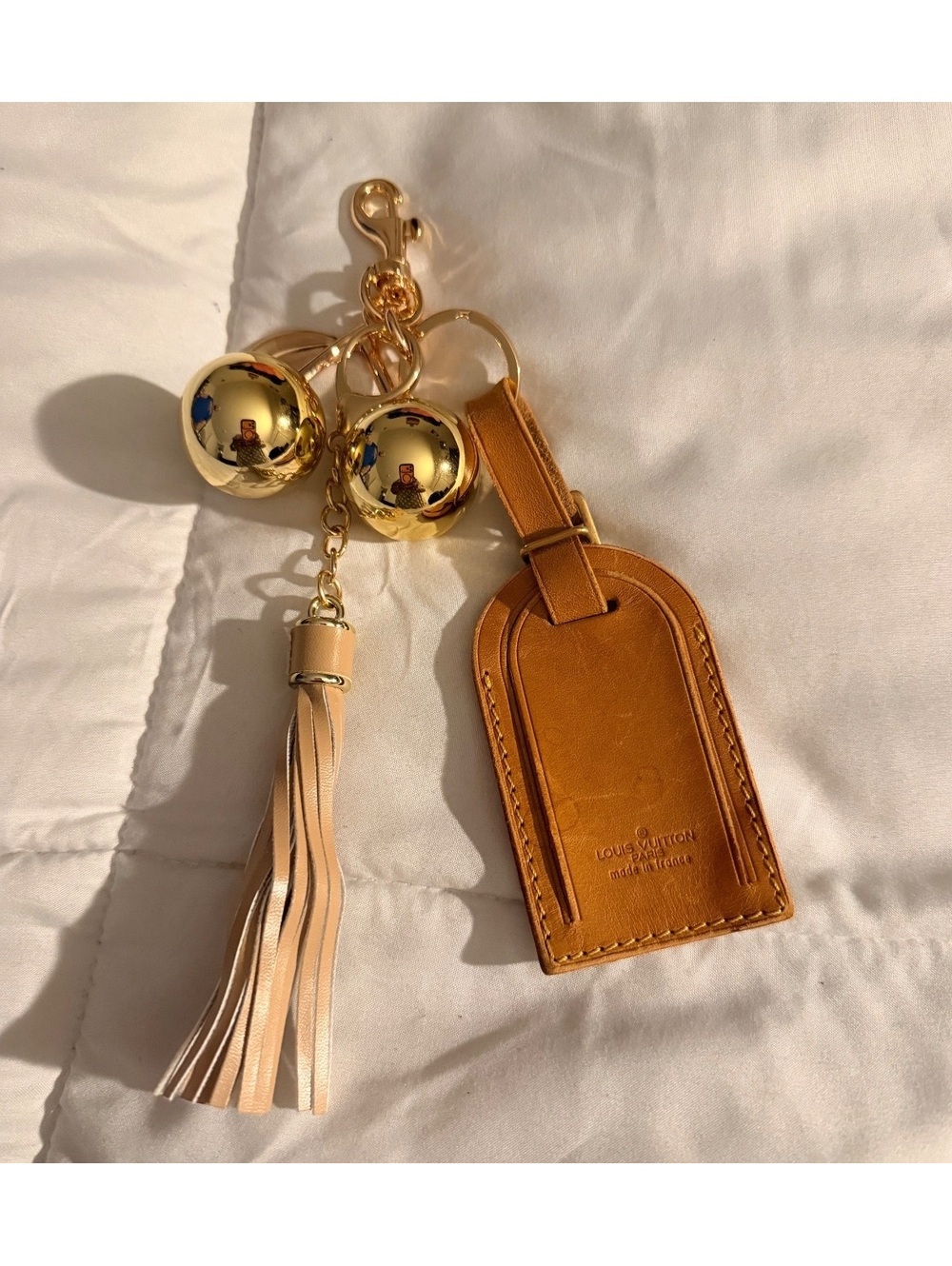Leather and Gold Tone Keychain with Tassel and cherries